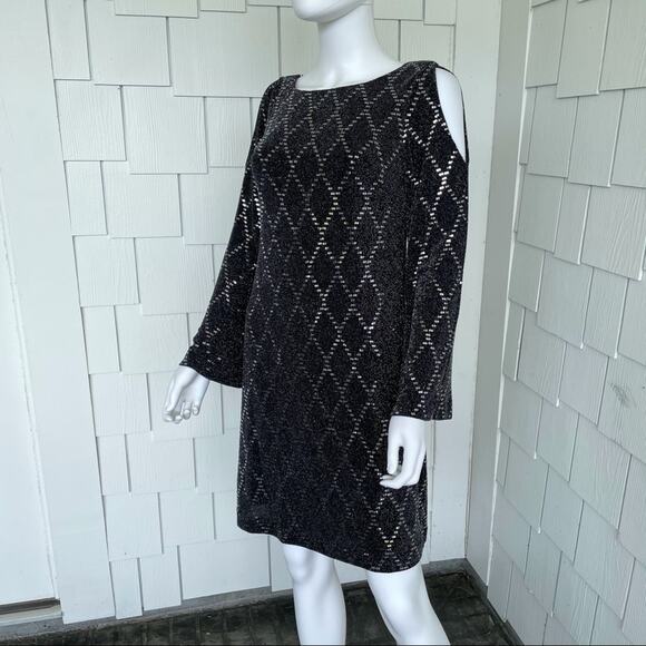 Jessica Howard Women's Black Sequin Diamond Pattern Cold Shoulder Dress sz 8 - Picture 3 of 8
